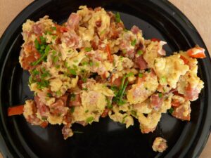 scrambled eggs, breakfast, fried, meal, food, ham, egg, chives, scrambled eggs, scrambled eggs, scrambled eggs, scrambled eggs, scrambled eggs